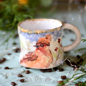 Kubek ceramiczny ręcznie robiony – pomarańczowy ptaszek w czapce, 250 ml