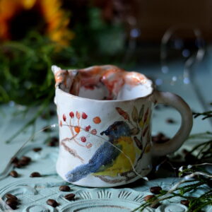 Kubek ceramiczny ręcznie robiony – lis i ptaszek, 250 ml