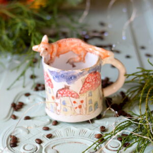 Kubek ceramiczny ręcznie robiony – lis i muchomory- domki, 250 ml
