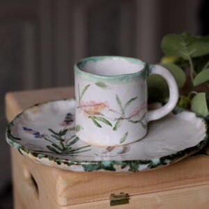 Komplet ceramiczny kubek i duży talerz. Ważka i lawenda.